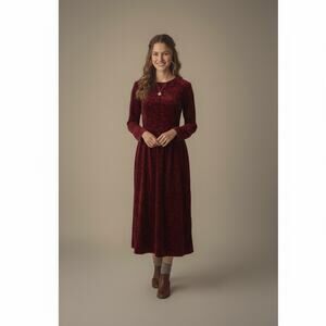 VTG 90s LL Bean Velvet Corduroy Maxi Dress 1990s Red Burgandy Holly Berries 6P